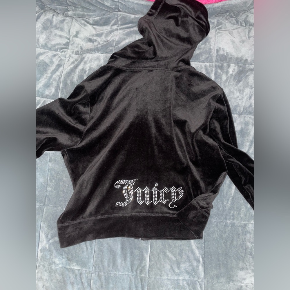 Juicy Couture Black Velour Hoodie with Rhinestone Detail